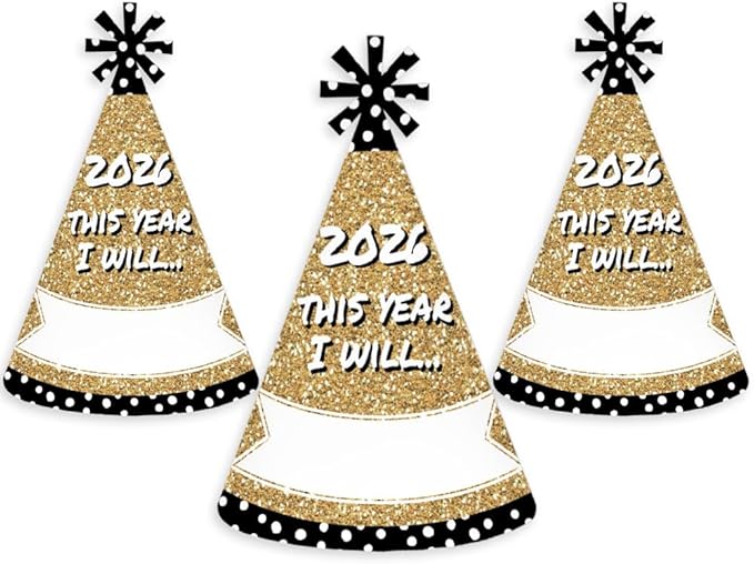 Big Dot of Happiness Pop, Fizz, Clink! - Cone Party Hats - 2026 New Year's Eve Resolution Cone Party Hat for Kids and Adults - Set of 8 (Standard Size)