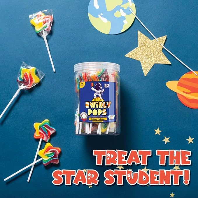 Galaxy Star Rainbow Lollipops Individually Wrapped, Bursting with Fruity Flavor, Great Swirl Lollipops for Kids Birthday Parties, Space Candy Party Favors and Cake Toppers, By 4YoreElves (Pack of 24)