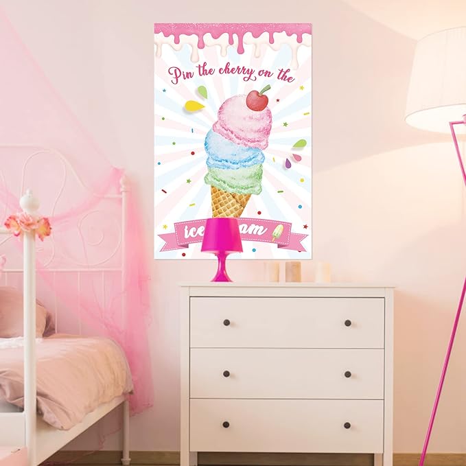 Hooqict Pin The Cherry On The Ice Cream Game Birthday Party Games for Kids Ice Cream Theme Party Decorations Supplies for Girls, Large Ice Cream Poster with 36 Cherry Stickers Wall Decor