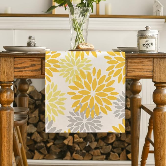 Artoid Mode Yellow Dahlia Floral Pinnata Summer Table Runner, Seasonal Spring Holiday Kitchen Dining Table Decoration for Home Party Decor 13x36 Inch