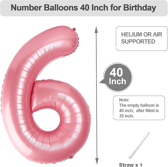 6 Balloon Numbers, 40 Inch Foil Big Balloon for Men And Women, Pearl Pink Balloons for 6, 16, 26, 60, 2026 Graduation, Birthday, Wedding Anniversary, Xmas, Party Supplies