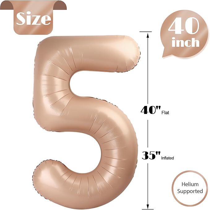 Light Brown Number 5 Balloon 40 Inch, 5 Balloon Number, 5th Birthday Decorations, Light Brown Party Supplies for Boys Girls
