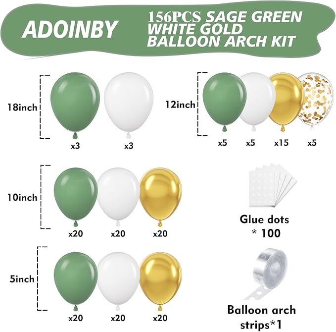Sage Green White Gold Balloon Arch Kit, 156Pcs Latex Balloons Different Sizes 18 12 10 5 Inch Party Balloon Garland Kit for Baby Shower, Wedding, Engagements, Birthday, Anniversary Decorations