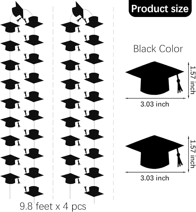 Black Graduation Garland Graduation Party Decorations Class of 2026 Grad Cap Garland Banner Streamers for Grad Party Hanging Decorations 39Feet