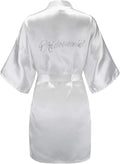 EPLAZA Women's One Size Silver Rhinestones Bride Bridesmaid Short Satin Robes for Wedding Party Getting Ready