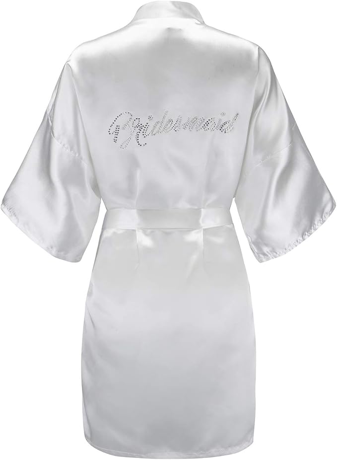 EPLAZA Women's One Size Silver Rhinestones Bride Bridesmaid Short Satin Robes for Wedding Party Getting Ready