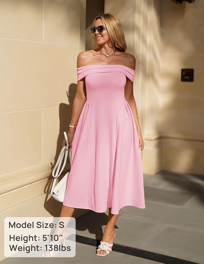 ZESICA Summer 2026 Cocktail Dresses for Women's Off Shoulder Short Sleeve Swing A Line Wedding Evening Party Midi Dress