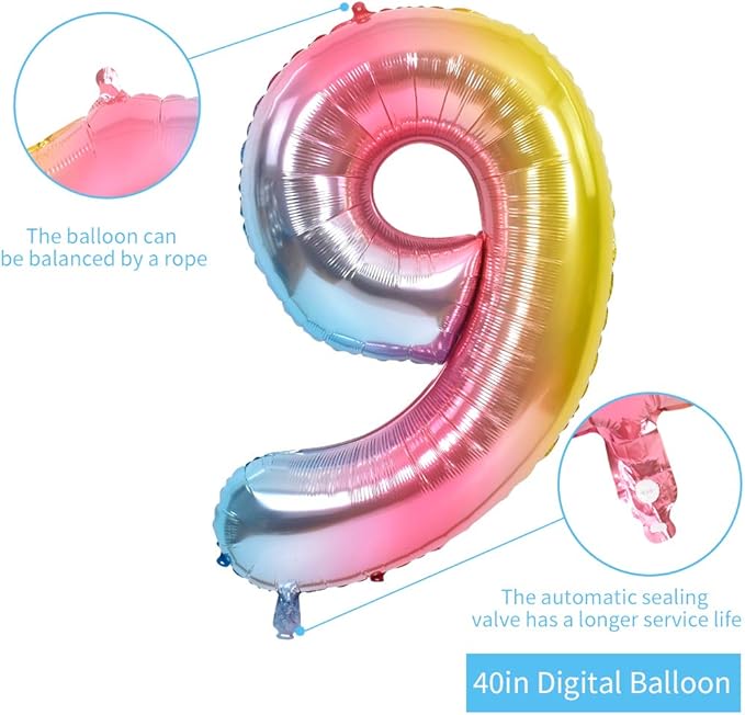 TONIFUL 40 Inch Rainbow Large Numbers Balloons 0-9, Number 9 Digital 9 Helium Balloons, Foil Mylar Big Number Balloons for Birthday Party Anniversary Supplies Decorations