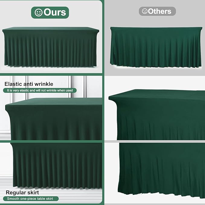 Table Skirts for Rectangle Tables 6ft - 2 Pack One-Piece Hunter Green Tablecloths and Skirt, Wrinkle Resistant Ruffles Elastic Cover for Banquets, Weddings, Events, Parties