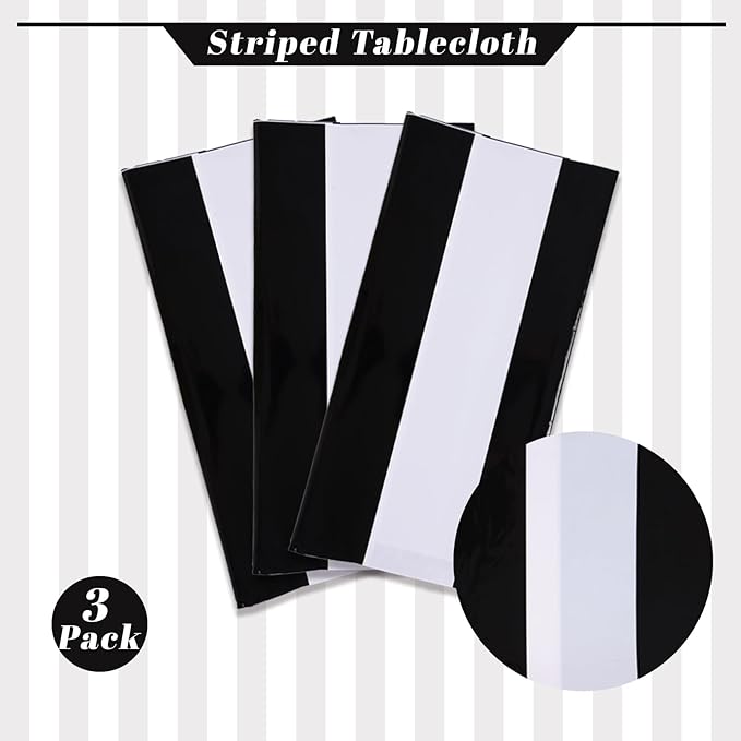 Kesfey 3 Packs Black and White Horizontal Striped Table Cloth 54 x 108 Inch Classic Black Stripe Tablecloths Disposable Plastic Stripe Table Covers Waterproof Picnic Tablecover for Halloween Party