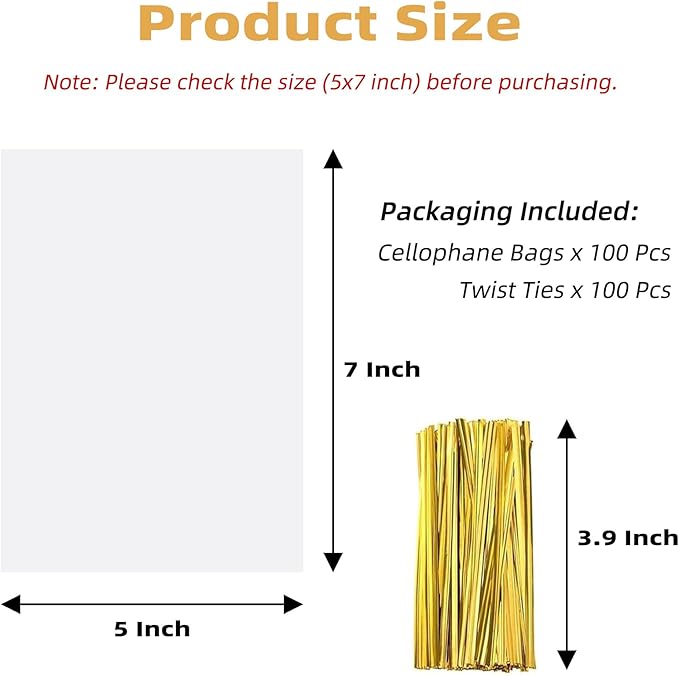 Yotelab Cellophane Treat Bags, 5x7 Inches Cellophane Bags With Twist Ties,100 Pcs