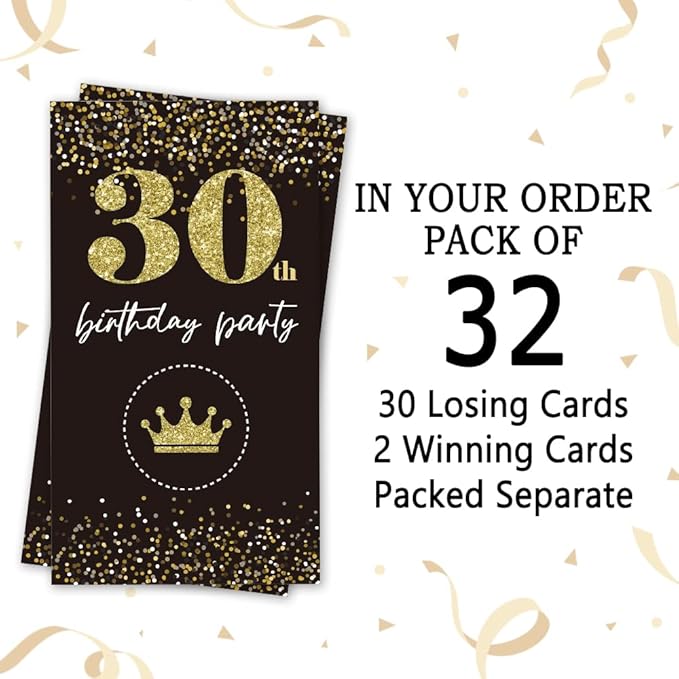 REWIDPARTY Black Gold 30th Birthday Party Scratch Off Game Cards (32 PCS) Cheers to 30 Years Prize Raffle Tickets Happy 30th Birthday Party Scratch Cards Supplies Activity for Family Friends Adults