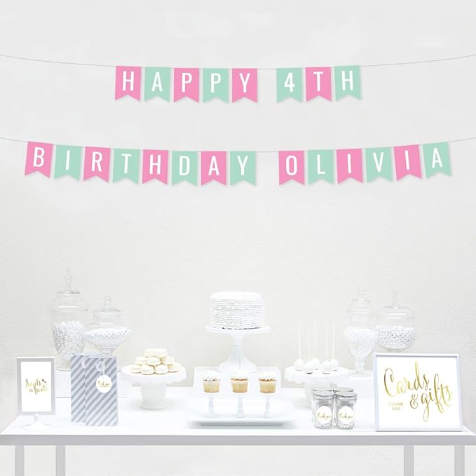 Andaz Press Personalized Hanging Pennant Banner Party Decorations, Pink, Seafoam Mint Green, Happy 4th Birthday Olivia, 1-Pack, Approx. 5-Feet, Custom Name and Number