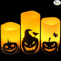 Eldnacele Halloween Flameless Candles, LED Flickering Battery Pillar Candles with 6H Timer and Pumpkin Decals, Spooky Fall Halloween Festival Party Decoration Set of 3 (D 3” x H 4” 5” 6”)