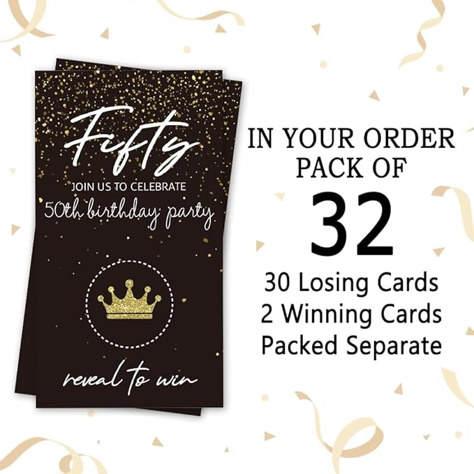 REWIDPARTY Black Gold Fifty Birthday Scratch Off Cards（32 PCS） 50th Birthday Party Game Scratch Cards Cheers to 50 Years Party Supplies Activity for Black Gold Birthday Raffle Tickets Kids Adults