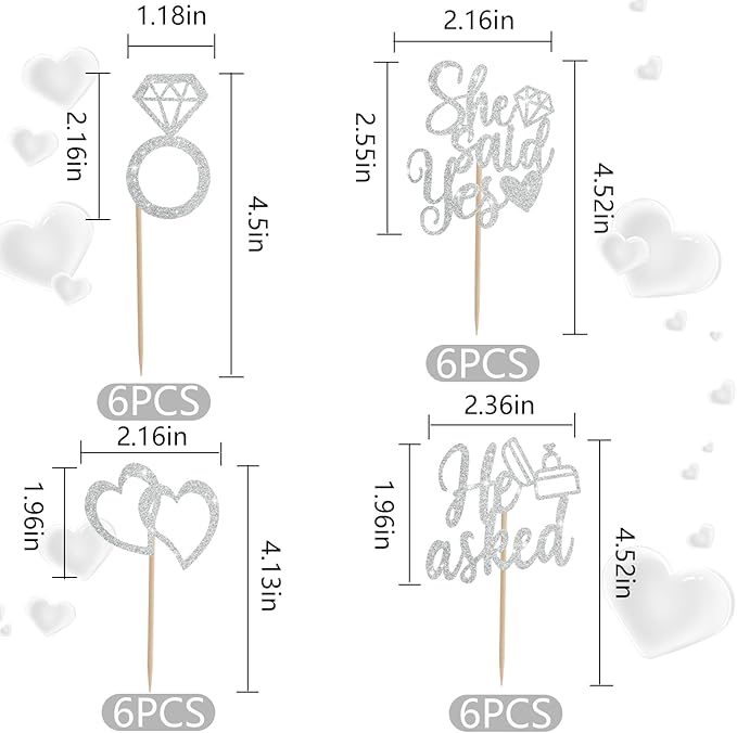 BEISHIDA He Asked She Said Yes Cupcake Toppers, 24 Pcs Engagement Cupcake Toppers Glitter Diamond Ring Heart Cupcake Picks for Wedding Engagement Bridal Shower Party Cake Decorations(Silver)