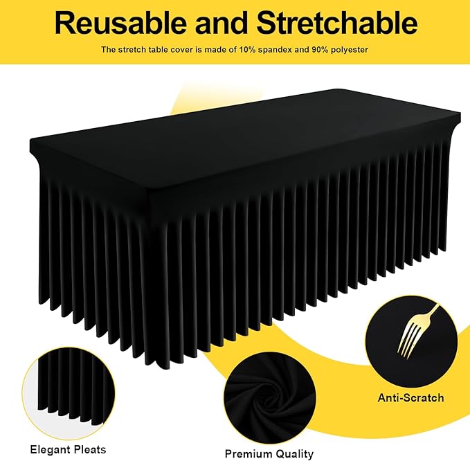 Smiry Spandex Tablecloth, Elastic Fitted Stretch Tablecloth for 8FT Rectangle Tables, Waterproof Washable Table Cover Skirt for Outdoor, Wedding, Banquet & Parties (Black, 96Lx30Wx30H Inch)
