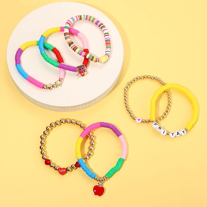Surfer Heishi Bracelets for Women Stackable Rainbow Vinyl Disc Clay Beaded Stretch Bracelets Elastic Layering Friendship Bracelets Boho Summer Beach Jewelry