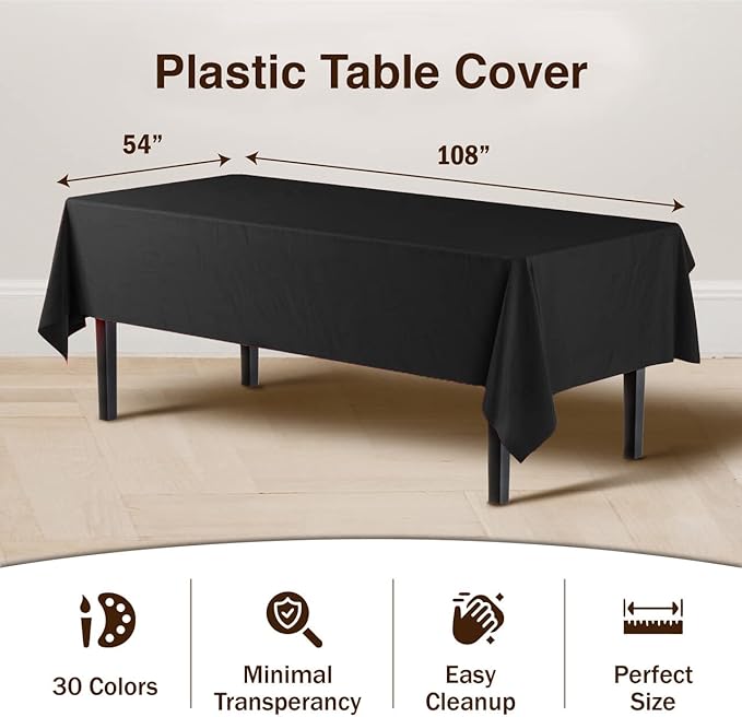 Exquisite Party Solids 6-Pack Premium Plastic Tablecloth 54in. x 108in. Rectangle Plastic Table Cover - Black
