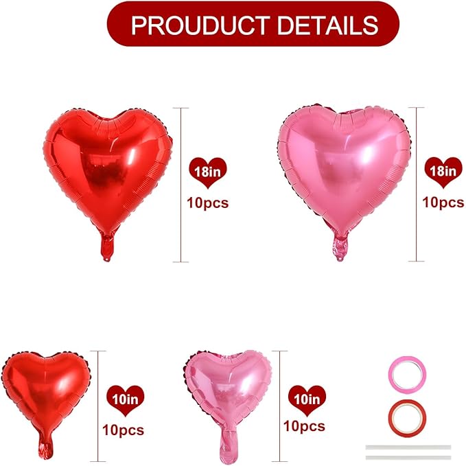TONIFUL Red and Pink Heart Balloons and Sweet Love Balloon Kit Valentine’s Day Foil Mylar Balloons Decoration for Valentine's Day Wedding Bridal Shower Anniversary Engagement Party Supplies