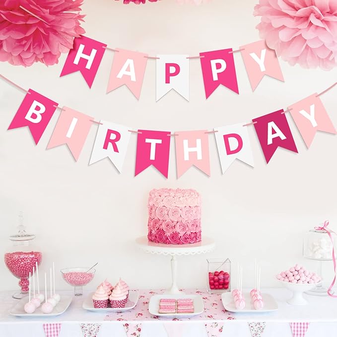 Pink Happy Birthday Banner Sign Happy Birthday Bunting Banner Garland for Kids Girls Baby 1st Birthday Tea Party Decorations Bunting Flag Birthday Party Supplies