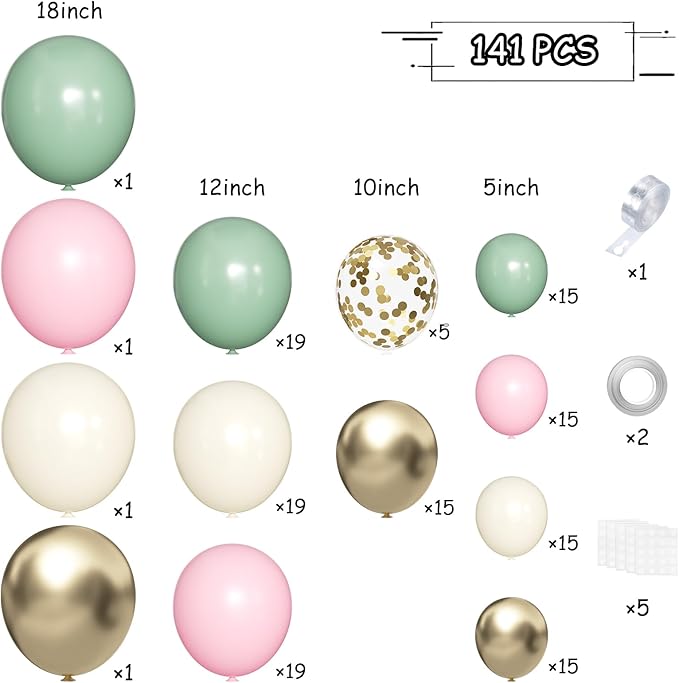 Sage Green Pink Gold Balloon Arch Kit, 141Pcs Sage Green Pastel Pink Chrome Gold Sand White Latex Balloons for Birthday Wedding Baby Shower Gender Reveal Anniversary