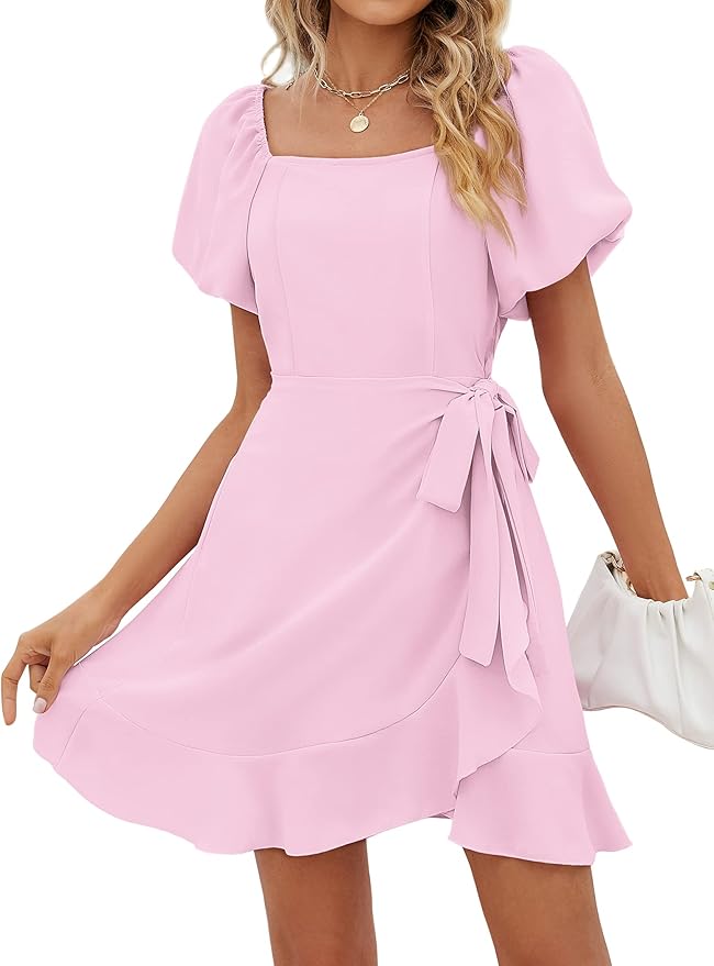 Sampeel Womens Summer Dresses Square Neck Puff Sleeve Tie Waist Short Dress