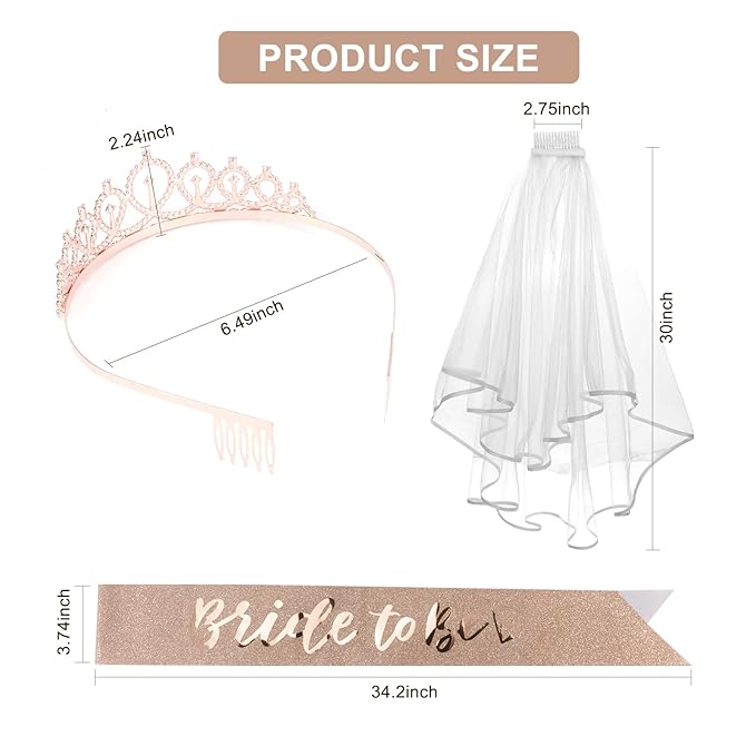 CIEHER Crystal Crown + Bride to Be Sash + Bridal Veil Set, Bachelorette Party Decorations - Rose Gold