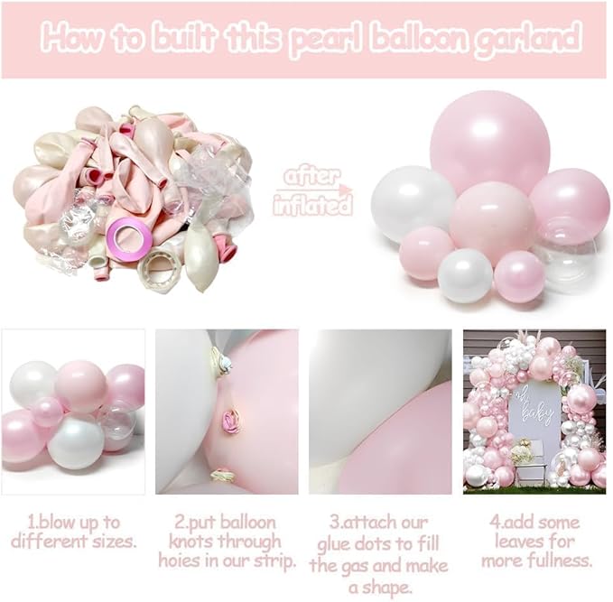 Pearl Pink White Balloon Arch Double Stuffed Pastel Light Pink White Cream Balloon Garland Kit with Bobo Balloons for Birthday Wedding Bridal Baby Shower Mother's Day Bachelorette Party Decor