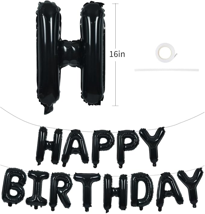 TONIFUL Black Happy Birthday Balloons Banner 16 Inch Mylar Foil Letters Birthday Sign Banner Bunting Reusable for 30th 40th 50th 60th Adults and Halloween Supplies