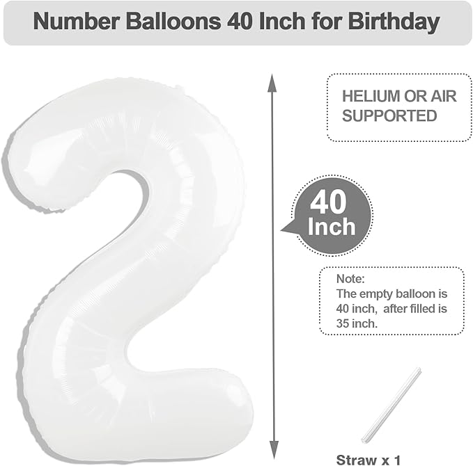 40 Inch 2 Birthday Balloon, White Number Balloons for Birthday Party Decoration, 2 Ballon Party Decoration for 2, 12, 20, 22, 2026 Celebration, Graduation, Baby Shower, Anniversary Decor