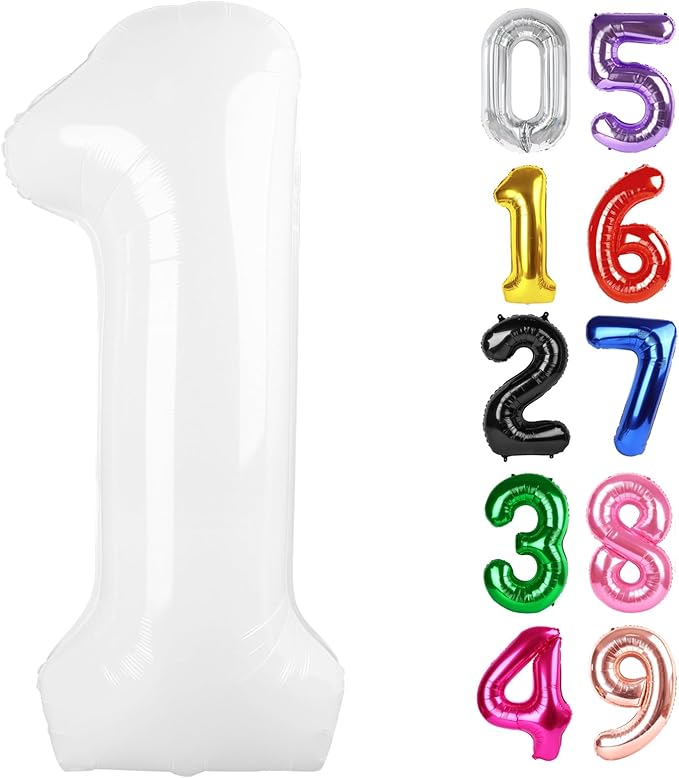 White Number 1 Balloon 40 Inch, 1st Birthday Balloon for Baby Boy Girl Toddler First Birthday Decorations, Shiny White Party Supplies
