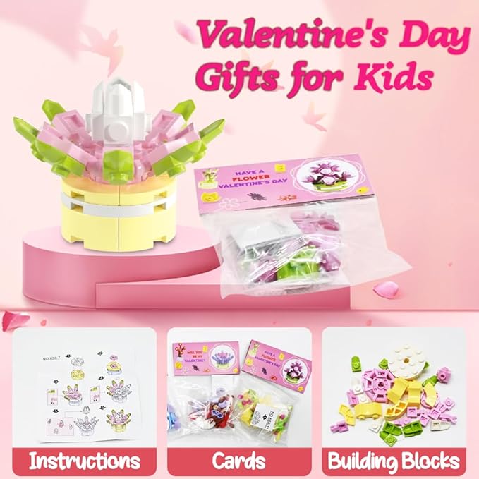 WODMAZ Valentines Day Cards with Plant Building Blocks, 24 Packs Succulents Flower Toys Valentines Day Gifts for Kids School Classroom Exchange, Valentine Party Favor, Valentine's Greeting Cards