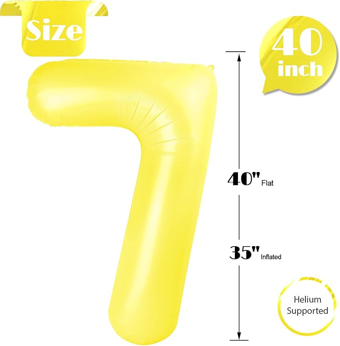 Yellow Number 7 Balloon 40 Inch, 7th Birthday Party Decorations for Children, Giant 7 Foil Balloon for Party Supplies