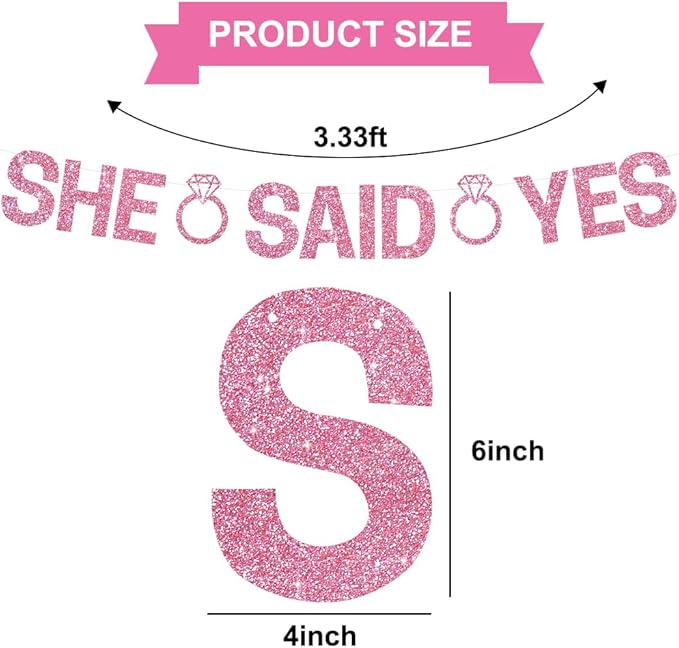 Glitter Pink She Said Yes Banner Pre-Strung Engagement Decorations Bridal Wedding Party Sign Valentine's Day Garland Bachelorette Party Decor,NO DIY