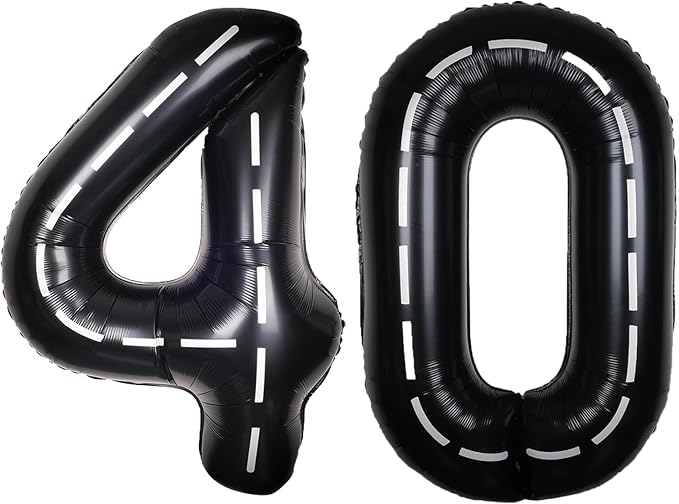 Race Car 40Inch Black 40 Balloon Number Large Helium Race Track 0-9 Giant Digital 40th Foil Mylar Big Party Number Balloons for Boy Birthday Car Theme Party Anniversary Graduation Decorations