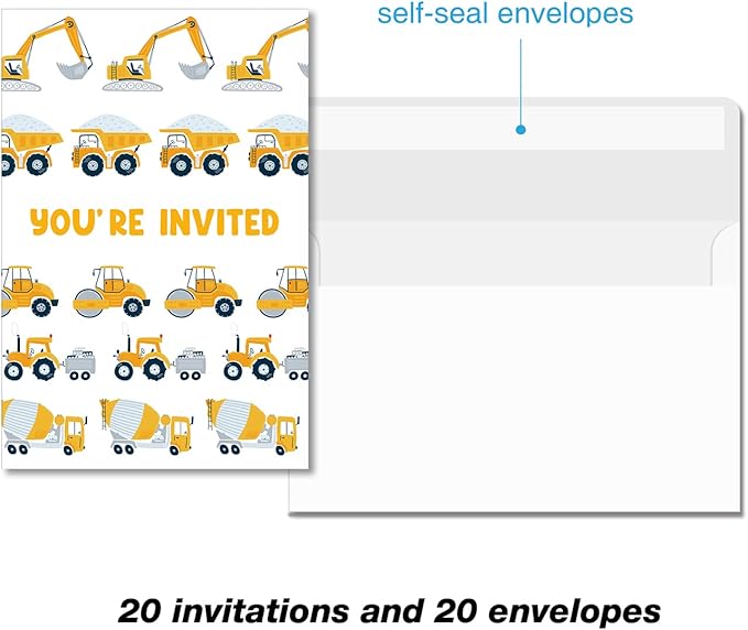 Soiceu Cute Construction 2nd Birthday Party Invitations with Envelopes Set of 20 Dump Truck Digger Construction 2 Years Old Second Birthday Party Invites for Boys