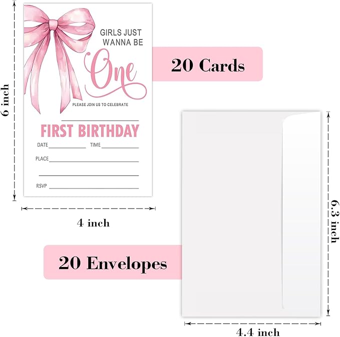 Pink Bow First Birthday Invites Cards Party Invitation Cards for Girls Kids Adults Party Invitations 4x6 Inch Invitations with Envelopes 20 Pcs Double Sided Invitation Card for Girls 1st Birthday YT83