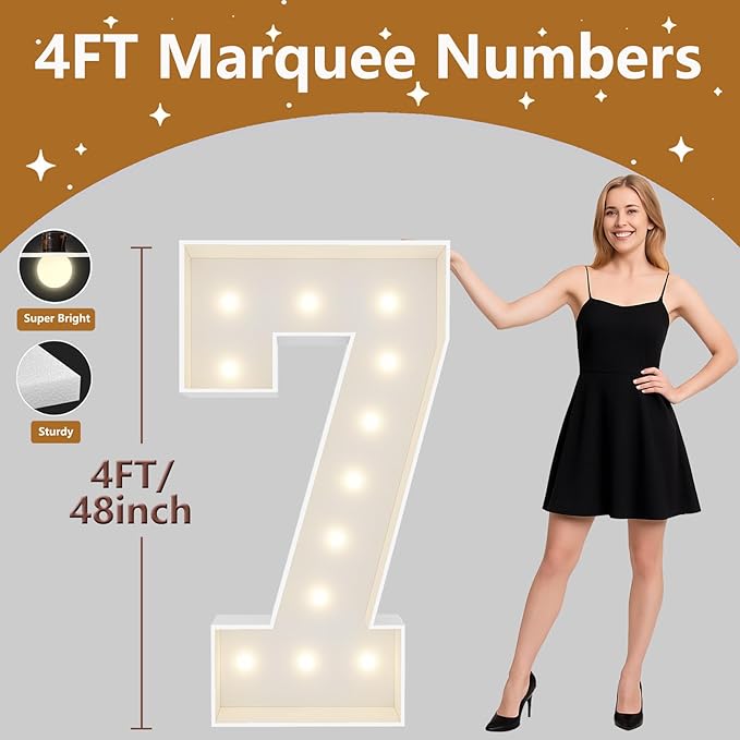 4FT Marquee Light Up Numbers, Giant Marquee Numbers, Pre-cut DIY Foam Board Number 7 for 17th Birthday Decor for Girls, 70th Anniversary Decor, Balloon Arch Kit