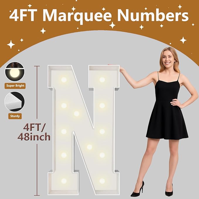 4FT Marquee Light Up Letters, Large Marquee Letters, Pre-cut Foam Board Letter N for Engagement Wedding Decorations Birthday Party Backdrop Decor, Balloon Arch Kit