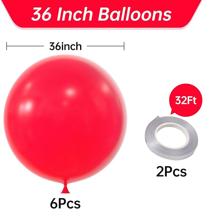 KALOR 36 Inch Giant Red Balloons, 6 Pack Large Round Red Latex Balloons for Anniversary, Birthday, Christmas, Wedding, Baby Shower Party Decorations