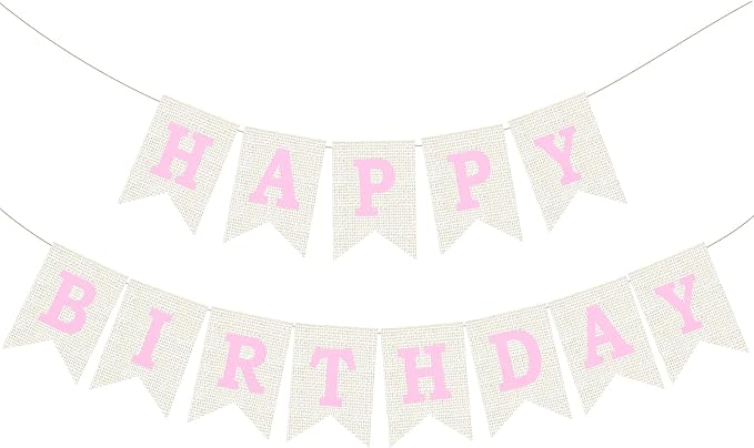 Burlap Happy Birthday Banner, Pink Assembled Happy Birthday Banner Sign Garland for Boys Girls Rustic Party Decorations