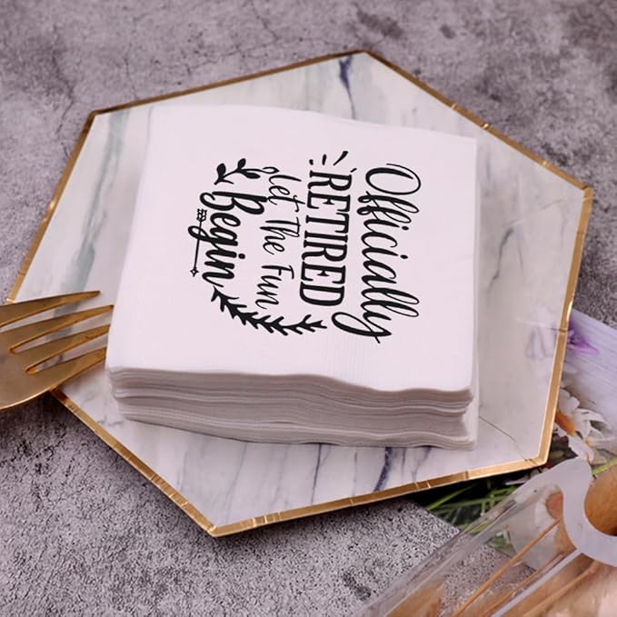 Retirement Cocktail Napkins Party Napkins Beverage Napkins Bar Napkins Disposable Paper Novelty Humorous Gag Gift 100Pcs 4.5 x 4.5 17-ply (Officially Retired Let The Fun Begin)
