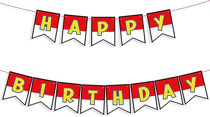 Cartoon Red White Yellow Happy Birthday Party Banner, Ultra-Thick Premium Paper Letter Birthday Garland, Adjustable Spacing Perfect Kid Birthday Hanging Sign Decoration Supplies(No DIY Required)