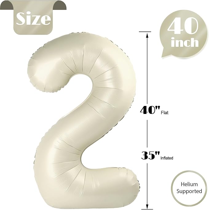 Cream Number 2 Balloon 40 Inch, 2 Balloon Number, 2nd Birthday Decorations for Baby Girls Boys Toddlers