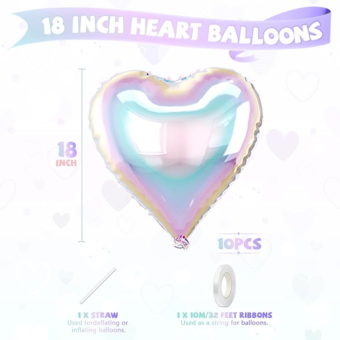 Iridescent Heart Balloons, 10 Pcs Transparent Rainbow Heart Shaped Balloon, 18 Inch Gradient Clear Foil Balloons for Engagement Brithday Baby Shower Wedding Valentines Mermaid Party Decorations