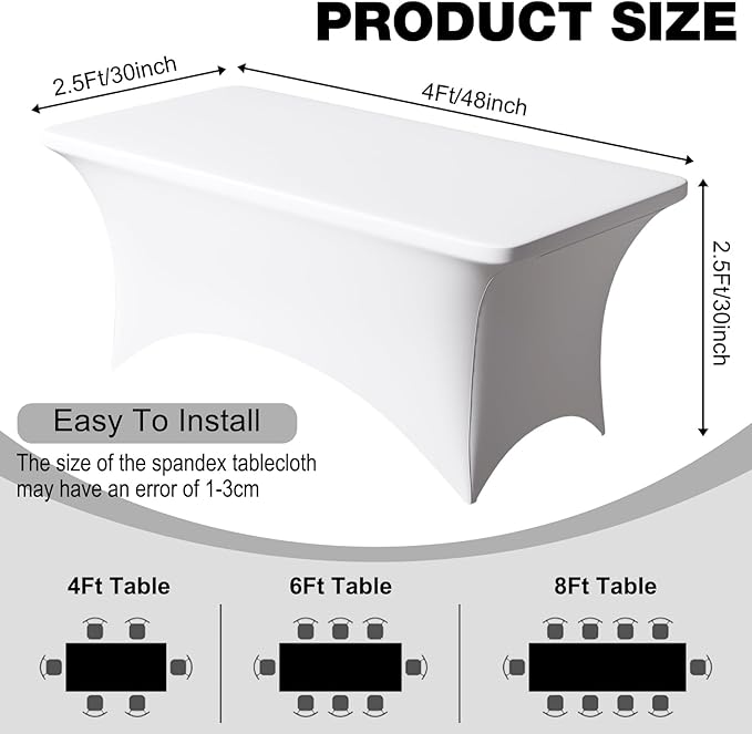 Trlyc 1 Pack 4FT Spandex Table Cloth - 48 x 30 Inch Rectangular Stretch Tablecloth, Wrinkle Resistant Scretch Table Cover for Wedding, Party, Banquet, Picnic, Outdoor Decoration (1Pcs,White)
