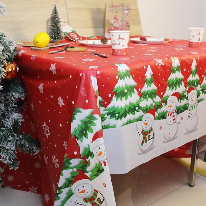 2 Pack Christmas Plastic Tablecloths Disposable Xmas Table Covers Snowman Table Cloths for BBQ Picnic Birthday Christmas Party Covers Waterproof Oil-proof Table Cloth Red Snow Table Cloths 54 x 108 In