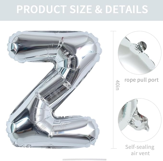 TONIFUL 40 Inch Large Silver Letter Z Helium Foil Mylar Balloon for 2026 New Year Eve Graduation Wedding Baby Shower Birthday Party Anniversary Supplies Decorations