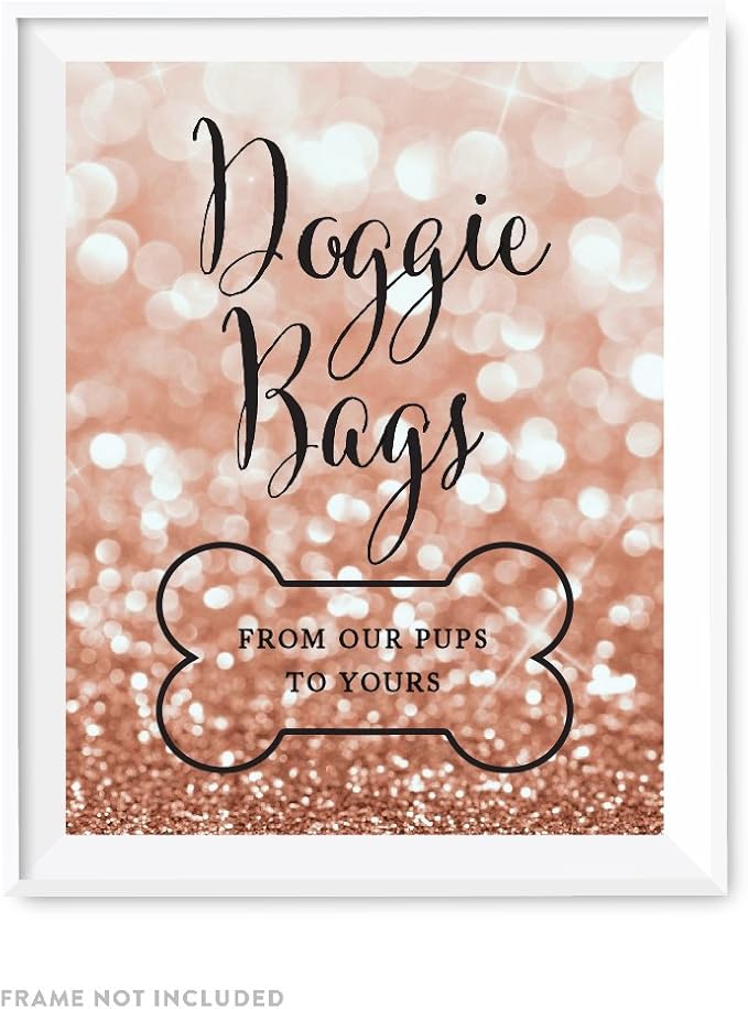 Andaz Press Wedding Party Signs, Glitzy Rose Gold Glitter, 8.5x11-inch, Doggie Bags, From Our Pups To Yours, Bone Graphic, 1-Pack, Bokeh Colored Party Supplies, Gifts for Dogs